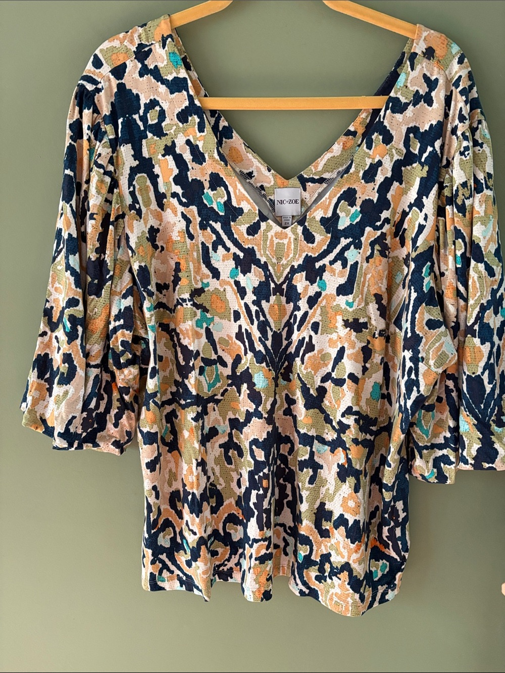 NIC+ZOE Teal Black  Tan Cream V-Neck Printed Blouse